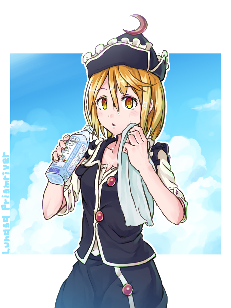 1girl, blonde_hair, blue_sky, bottle, character_name, clouds, crescent, hat