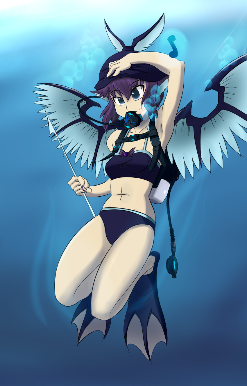 animal_ears, armpits, blue_eyes, diving, fins, hat, highres, midriff, mystia_lorelei, oxygen_mask, pink_hair, polearm, shoxxe, solo, spear, swimsuit, touhou, underwater, water, wings
