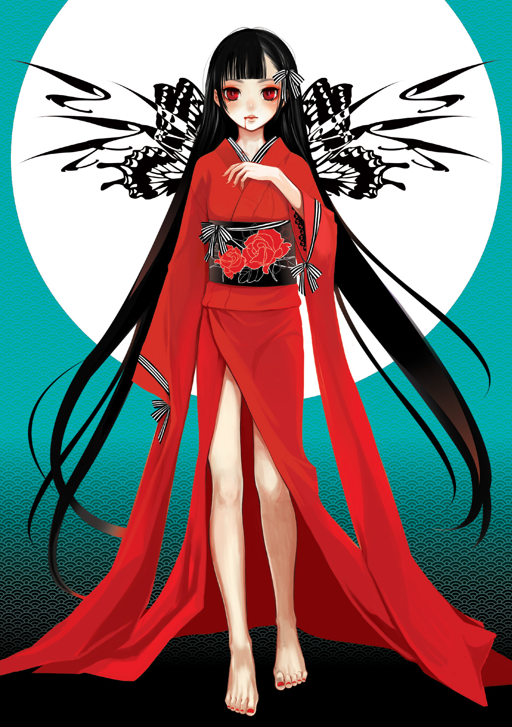 barefeet, black_hair, hair_ornament, kimono, red_eyes
