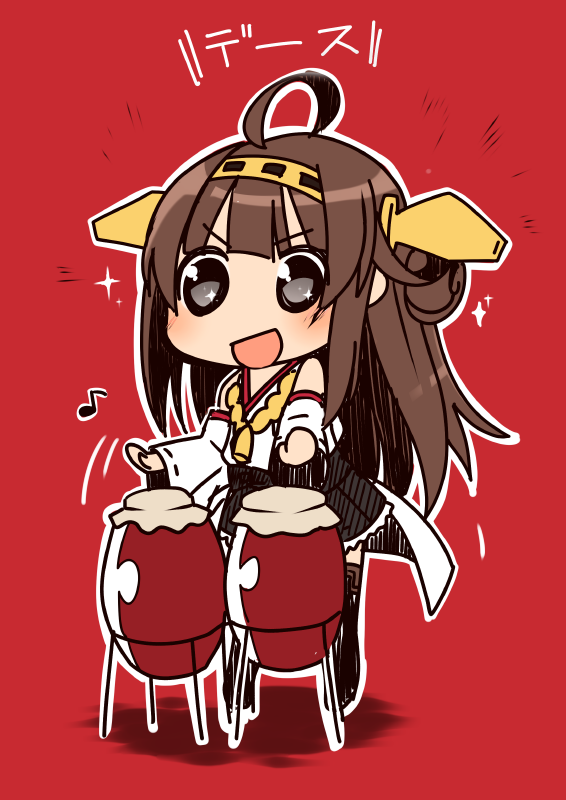 1girl, ahoge, bongo_drums, boots, brown_hair, detached_sleeves, double_bun, duplicate