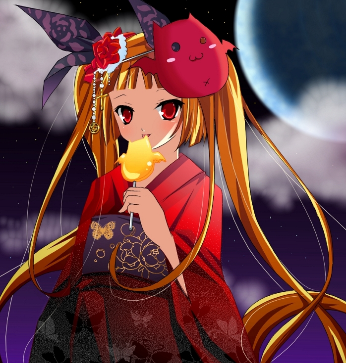 bat, blazblue, fog, gii, hair_ribbon, japanese_clothes, jewelry, kimono