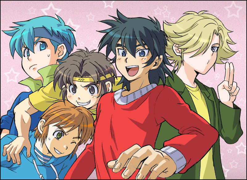 5boys, aqua_eyes, aqua_hair, black_eyes, black_hair, blonde_hair, brown_eyes, brown_hair