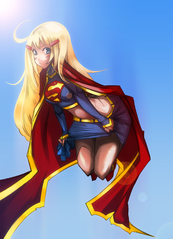 alien, belt, blonde_hair, cape, dc_comics, ethird, flying, glare