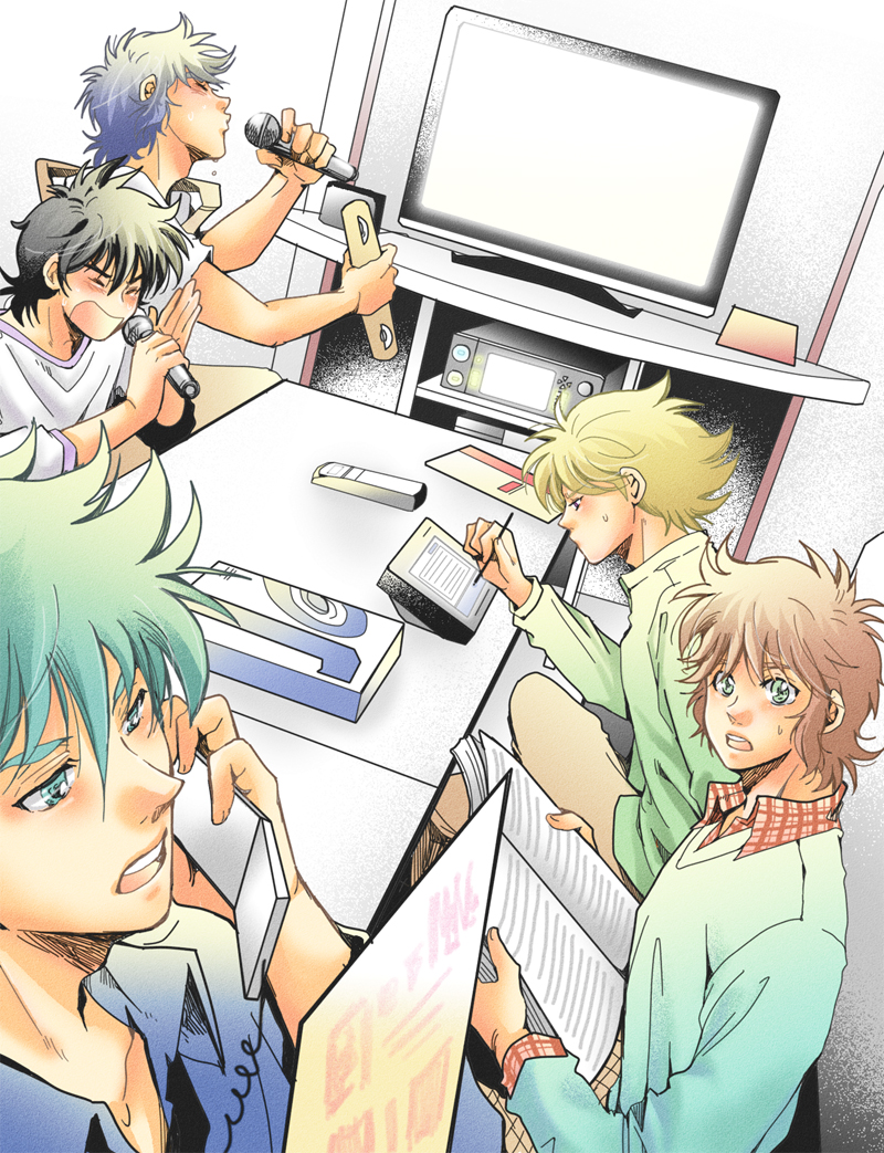 5boys, black_hair, blonde_hair, blue_eyes, blush, book, closed_eyes, date_seiji