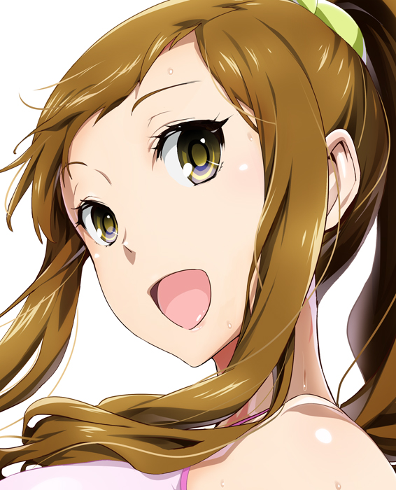 1girl, :d, breasts, brown_eyes, face, glasslip, open_mouth, ponytail