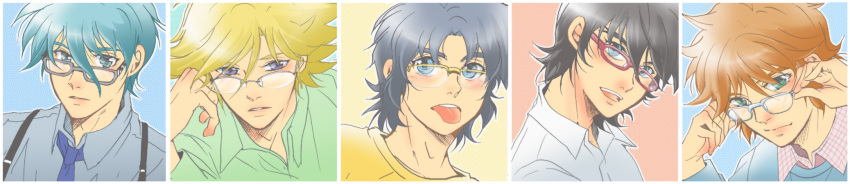 5boys, :p, aqua_eyes, aqua_hair, bespectacled, black_hair, blue_eyes, blush