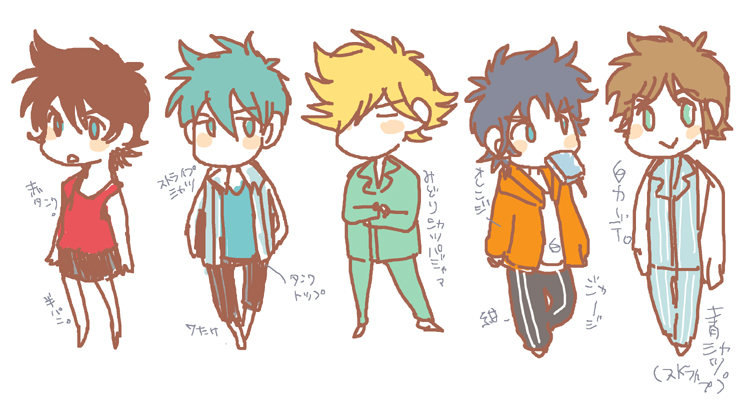 5boys, :>, black_hair, blonde_hair, blue_eyes, blush_stickers, brown_hair, chibi