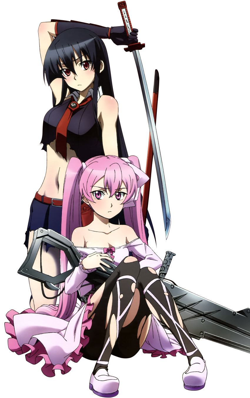 2girls, absurdres, akame, akame_ga_kill!, arm_up, bangs, bare_shoulders, belt