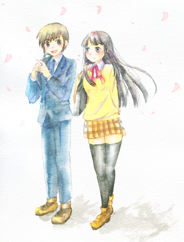1boy, 1girl, bag, black_hair, brown_hair, checkered, checkered_skirt, cherry_blossoms, higuchi_aya, kara_(kakera), open_mouth, petals, school_uniform, shindou_hayato_(summon_night), short_hair, shoulder_bag, skirt, smile, summon_night, traditional_media, watercolor_(medium)