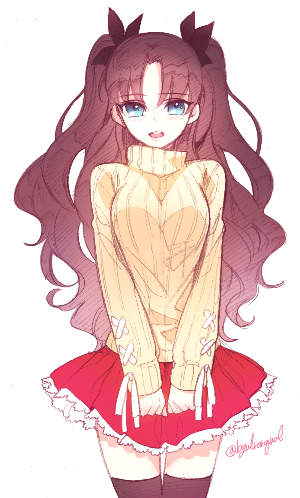 1girl, artist_name, black_legwear, blue_eyes, breasts, brown_hair, byulrorqual, fate/stay_night