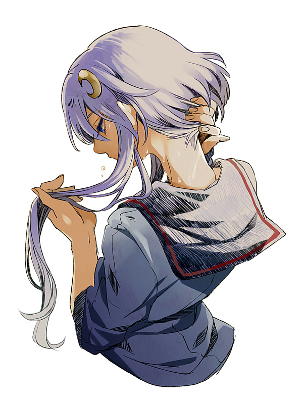 1girl, blue_eyes, crescent_hair_ornament, hair_ornament, holding_hair, kantai_collection, long_hair, moneko