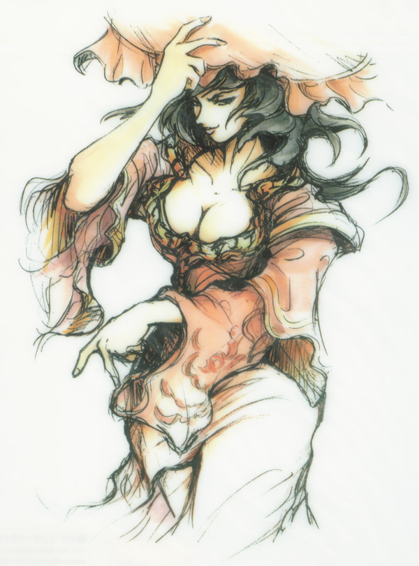 1girl, black_hair, breasts, chinese_clothes, cleavage, concept_art, hat, large_breasts