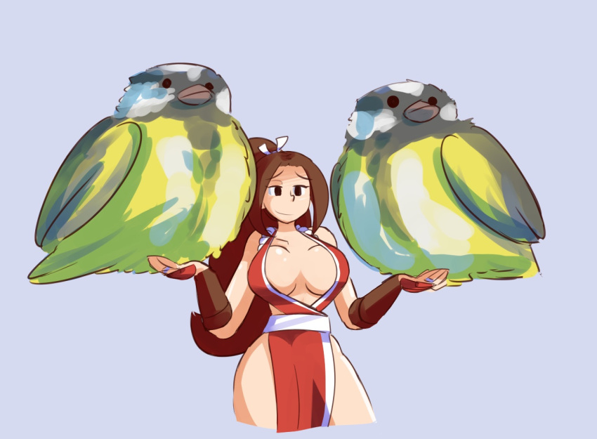 1girl, bird, bird_on_hand, blue_tit, breasts, brown_eyes, brown_hair, fatal_fury