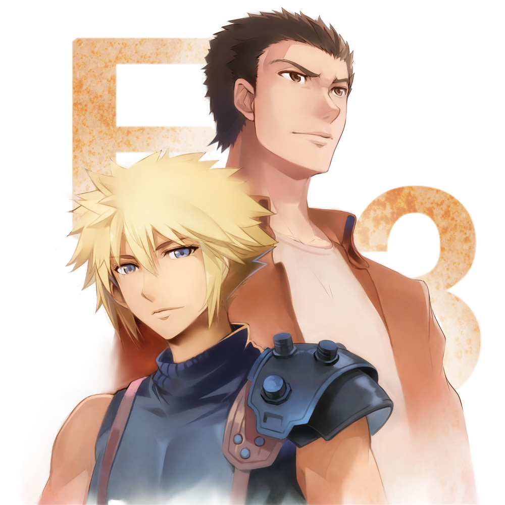 2015, 2boys, black_hair, blonde_hair, blue_eyes, bomber_jacket, brown_eyes, cloud_strife