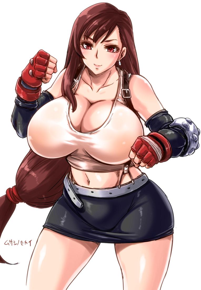 1girl, artist_name, breasts, brown_hair, cleavage, collarbone, earrings, final_fantasy