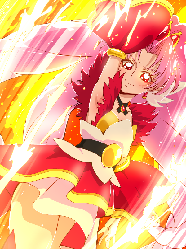 1girl, arm_up, bangs, belt, choker, cure_scarlet, detached_sleeves, fire