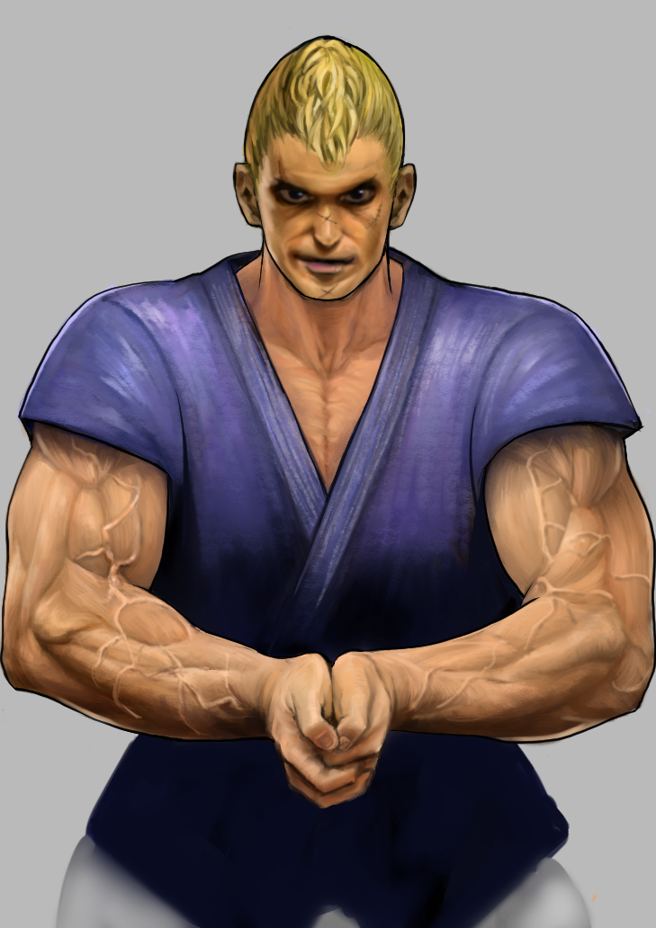 1boy, abel_(street_fighter), blonde_hair, cracking_knuckles, dougi, male_focus, muscle, nose