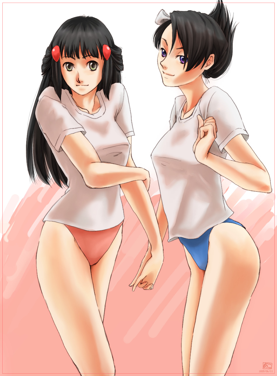 akosan, black_hair, blue_eyes, green_eyes, highres, hikari_(pokemon), mai_(pokemon), nintendo, panties, pokemon, pokemon_(game), pokemon_dppt, shirt, underwear