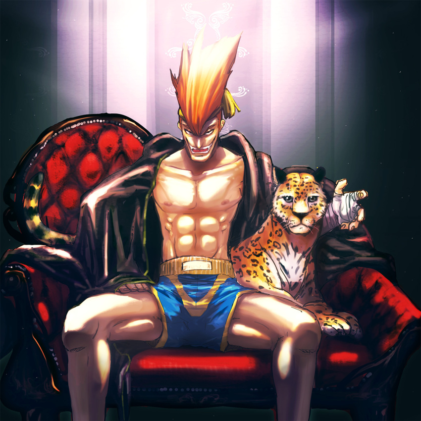 1boy, abs, adon_(street_fighter), animal, armchair, chair, collarbone, handwraps, headband, highres, jaguar, male_focus, mongkhon, muscle, orange_hair, robe, shorts, sitting, solo, spread_legs, street_fighter, thick_thighs, thighs, torimeiro