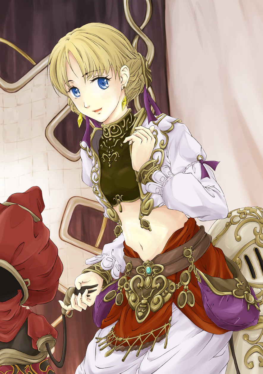 1girl, aphmau, belt, blonde_hair, blue_eyes, earrings, eyelashes, final_fantasy