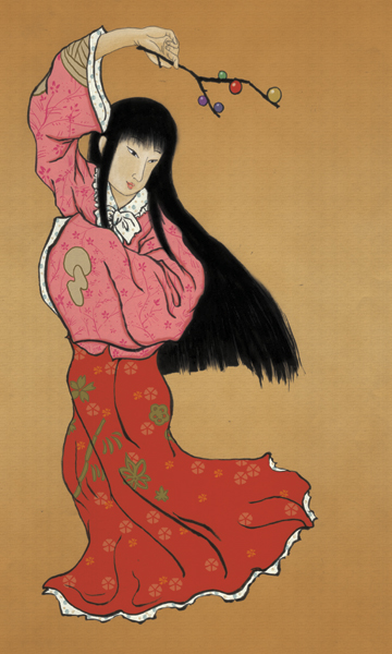 houraisan_kaguya, jeweled_branch_of_hourai, long_skirt, nihonga, norio_minami, parody, skirt, solo