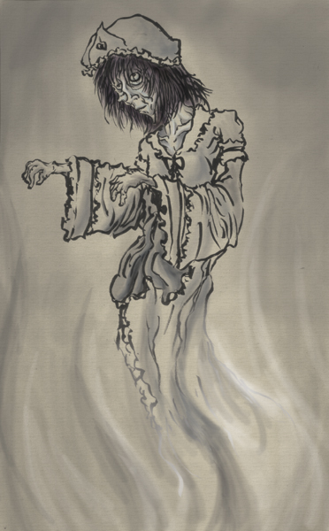 ghost, monochrome, nihonga, norio_minami, parody, saigyouji_yuyuko, solo, touhou