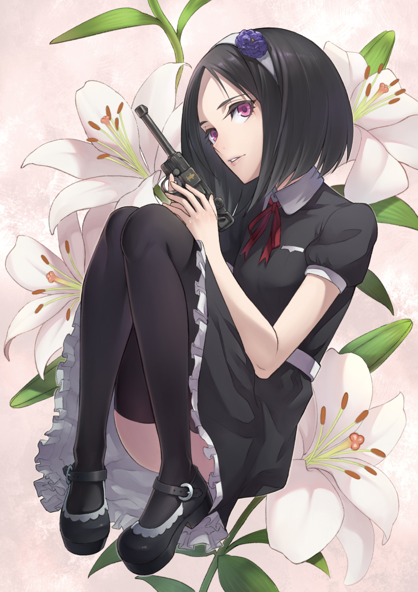 1girl, black_dress, black_hair, black_legwear, churayuki, dress, flower, hairband