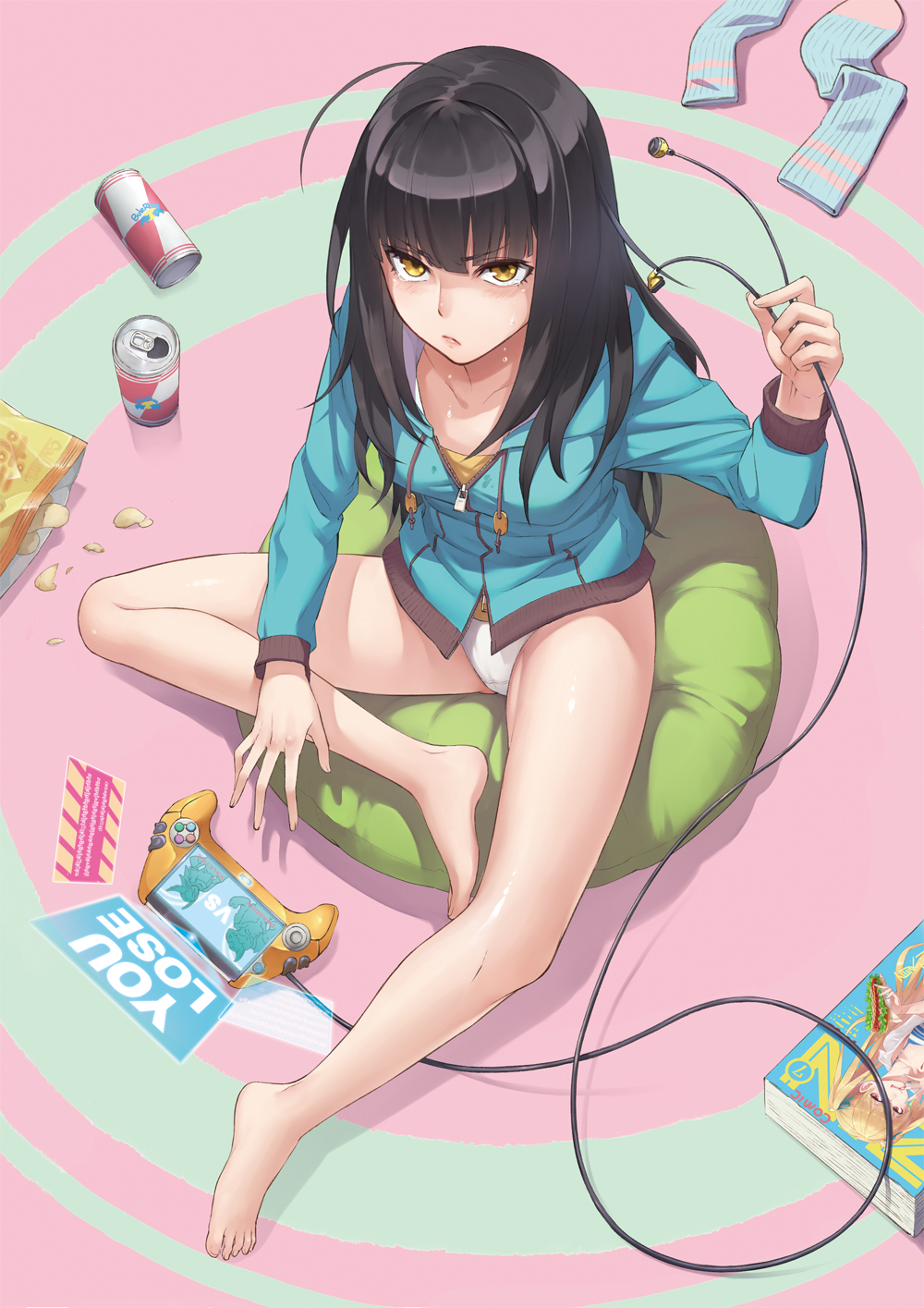 1girl, ahoge, bangs, black_hair, blunt_bangs, can, chips, churayuki