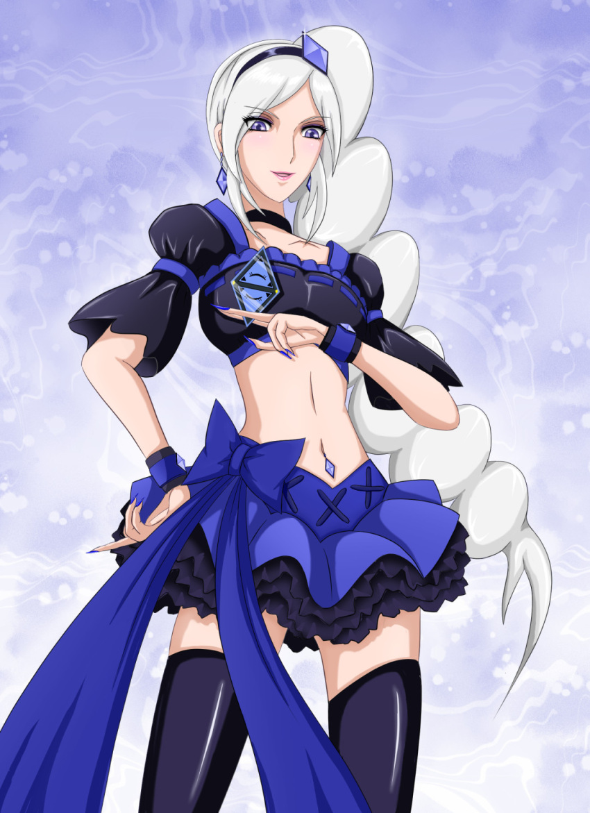 1girl, aono_miki, black_shirt, blue_skirt, blush, corruption, cure_berry, dark_persona