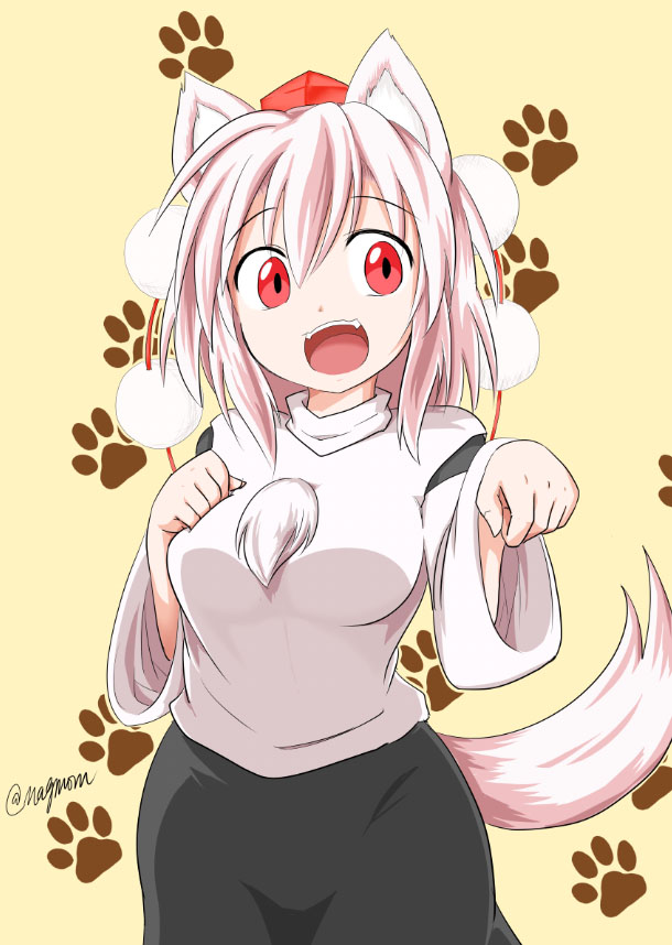 1girl, animal_ears, breasts, cat_paws, detached_sleeves, fang, hat, inubashiri_momiji