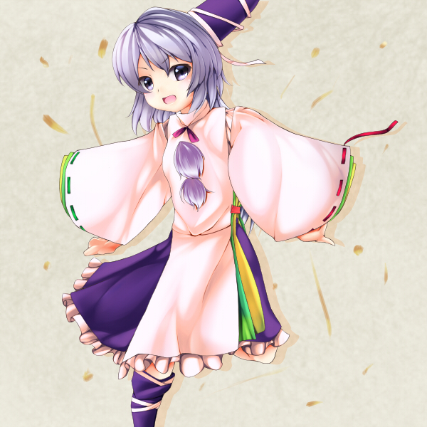 1girl, asa_(ces6ces8), folded_leg, grey_background, grey_eyes, hat, japanese_clothes, kariginu