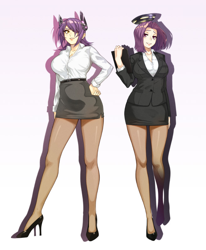 1girl, blonde_hair, breasts, brown_legwear, closed_eyes, formal, full_body, gradient
