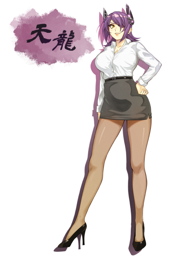 1girl, blonde_hair, breasts, brown_legwear, character_name, closed_eyes, full_body, hand_on_hip, headgear, high_heels, kantai_collection, legs, pantyhose, pencil_skirt, purple_hair, rozario_(akai_rosario), sheer_legwear, simple_background, skirt, solo, standing, tenryuu_(kantai_collection), white_background