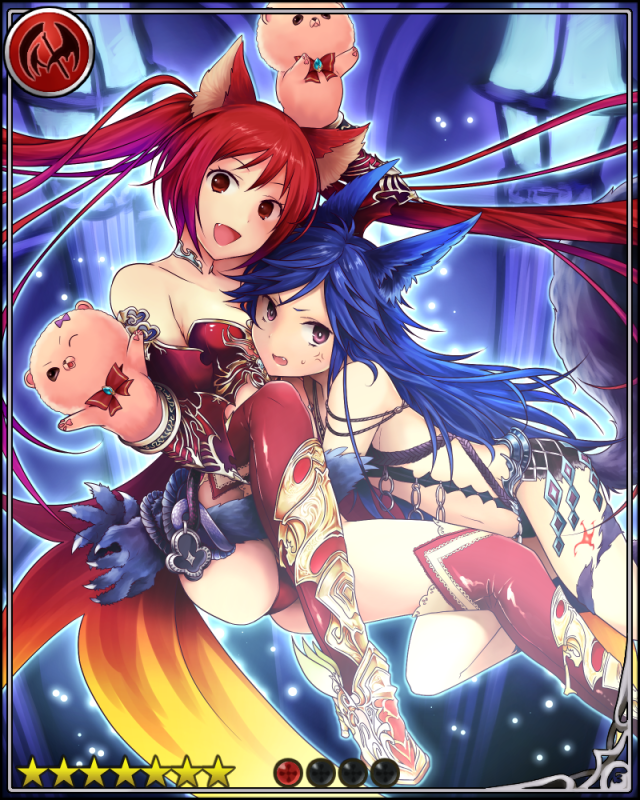 2girls, anger_vein, animal_ears, blue_hair, boots, card_(medium), cerberus_(shingeki_no_bahamut), creator_connection, crossover, dog_ears, fang, fenrir_(granblue_fantasy), granblue_fantasy, hand_puppet, hug, long_hair, looking_at_viewer, multiple_girls, puppet, q_m, red_eyes, redhead, shingeki_no_bahamut, tagme, thigh-highs, thigh_boots, tied_up, twintails, very_long_hair, violet_eyes