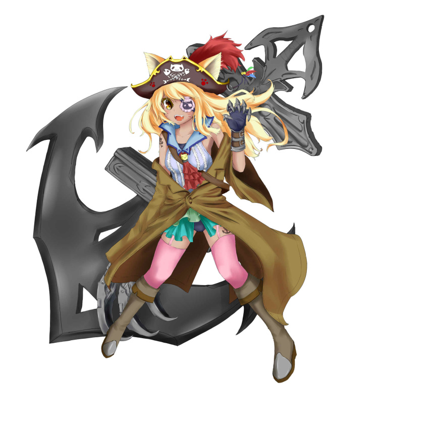 1girl, :d, anchor, animal_ears, biburu, blonde_hair, boots, cat_ears
