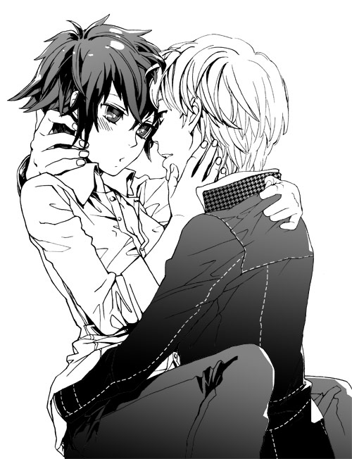 1girl, bad_id, couple, dress_shirt, hug, mhr, monochrome, narukami_yuu, persona, persona_4, reverse_trap, seta_souji, shirogane_naoto, shirt, short_hair