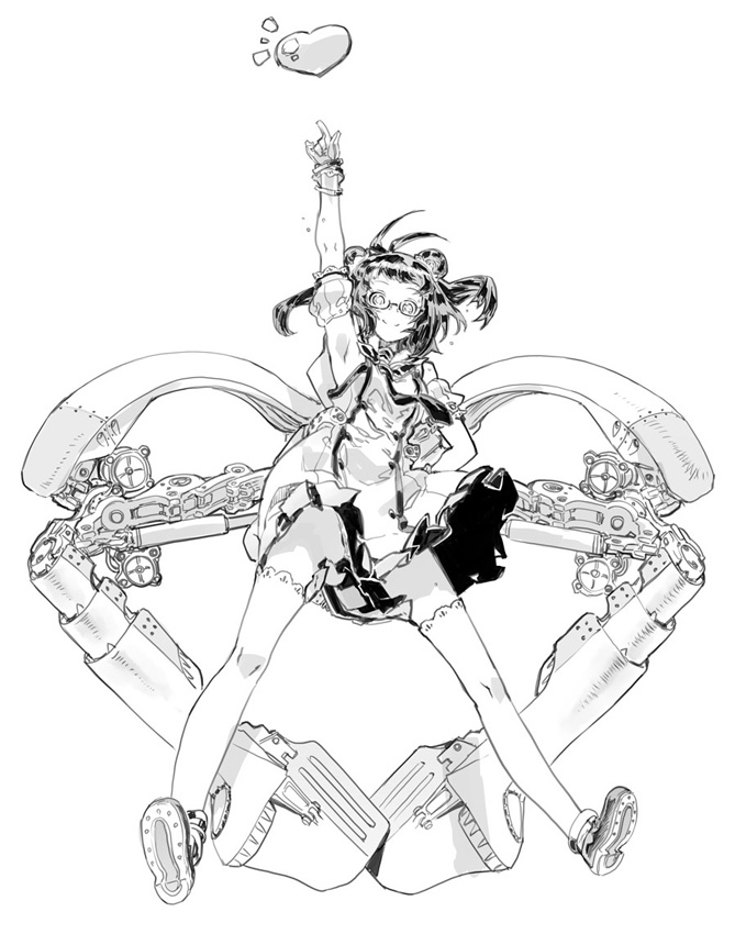 1girl, antenna_hair, arm_up, bespectacled, double_bun, glasses, gloves, heart