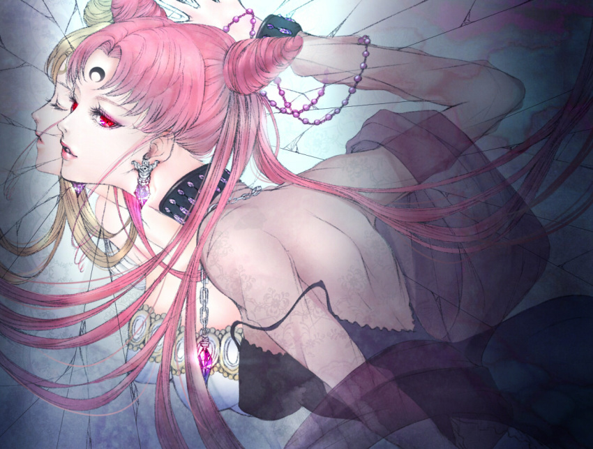 2girls, bishoujo_senshi_sailor_moon, black_lady, blonde_hair, broken_glass, chain, chibi_usa, closed_eyes