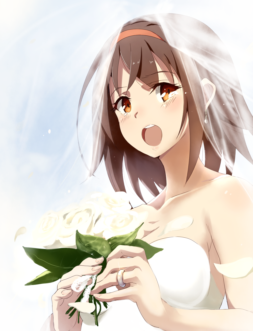 1girl, bare_shoulders, blush, bouquet, bridal_veil, brown_hair, dress, earrings, flower, hairband, highres, jewelry, kantai_collection, kuzu_(miduhana), looking_at_viewer, open_mouth, orange_eyes, petals, ring, shiratsuyu_(kantai_collection), short_hair, solo, strapless_dress, tears, upper_body, veil, wedding_band, wedding_dress, white_dress, white_roses