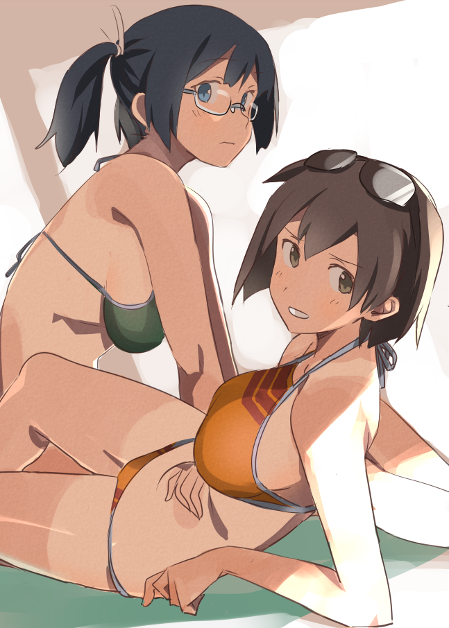2girls, arm_support, bespectacled, bikini, blue_hair, brown_eyes, brown_hair, glasses