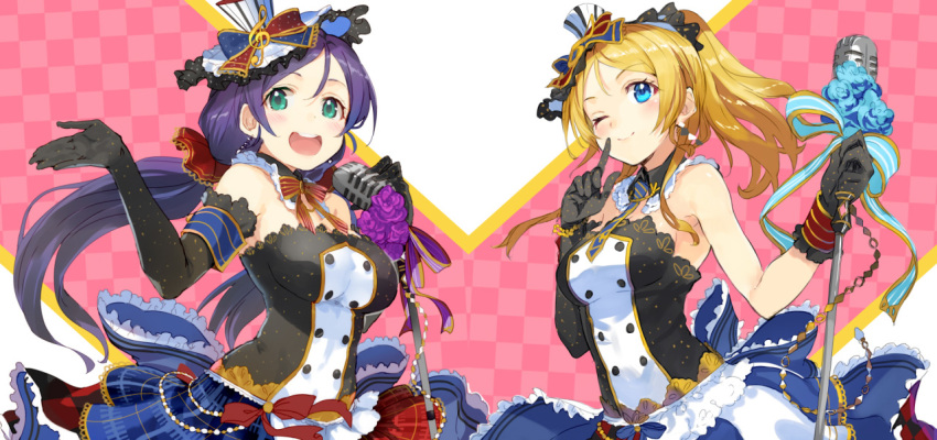 2girls, asymmetric_gloves, ayase_eli, black_gloves, blonde_hair, blue_eyes, breasts, cafe_maid