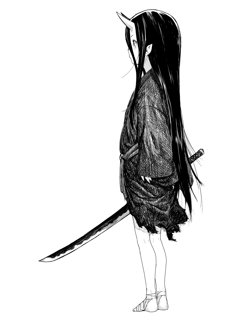 1girl, black_hair, highres, japanese_clothes, katana, looking_away, monochrome, oni