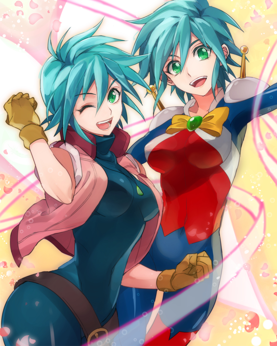 allenby_beardsley, belt, g_gundam, gloves, gundam, jewelry, mobile_trace_suit, necklace, one_eye_closed, petals, rinnagi, smile