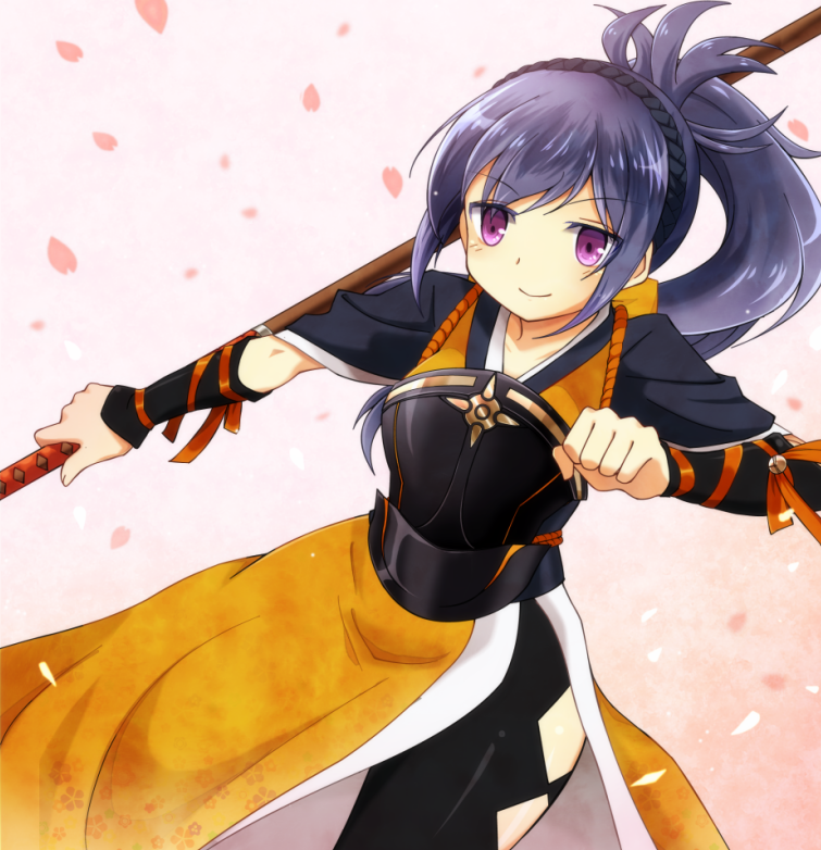 1girl, blue_hair, fire_emblem, fire_emblem_if, long_hair, naginata, oboro_(fire_emblem_if), polearm