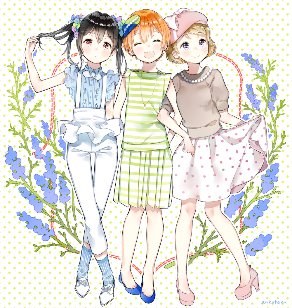 3girls, ^_^, anco_(melon85), black_hair, bow, brown_hair, closed_eyes, commentary_request