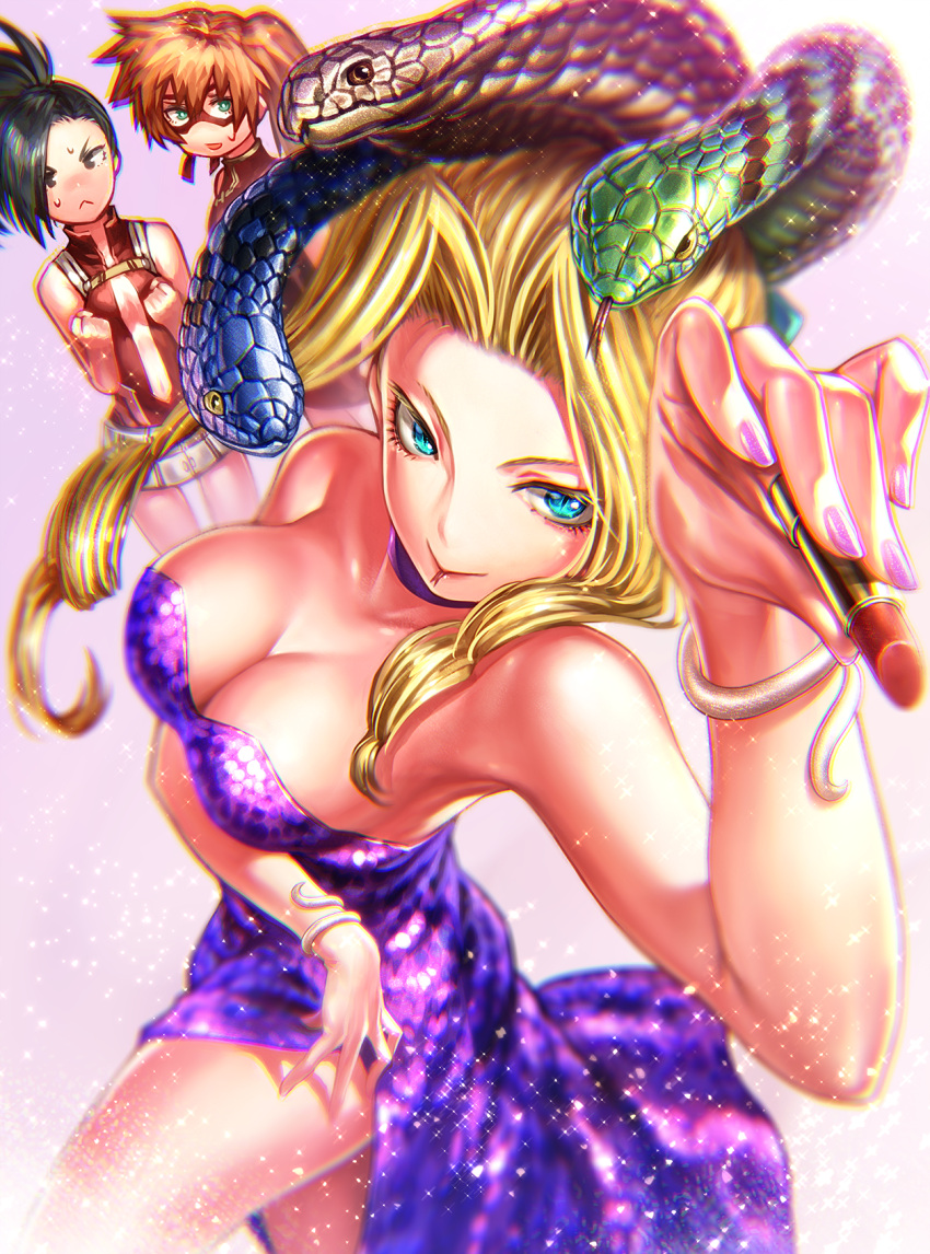 >:<, 3girls, :<, aqua_eyes, black_eyes, black_hair, blonde_hair, boku_no_hero_academia