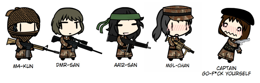2boys, 3girls, aa-12, assault_rifle, battle_rifle, beret, blush, borrowed_character