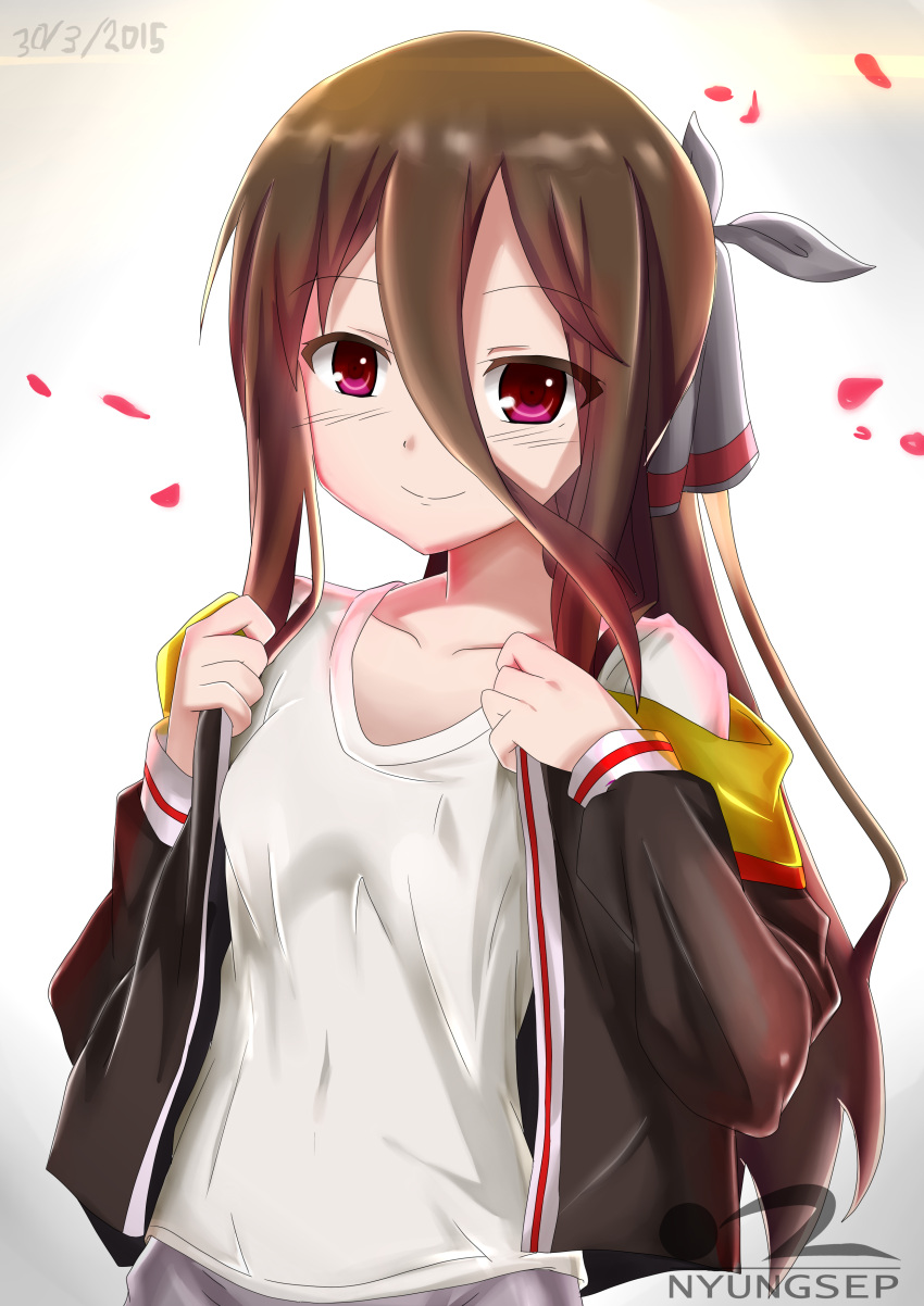 1girl, absurdres, ade-nyungsep, artist_name, brown_hair, hair_ornament, hair_ribbon, highres