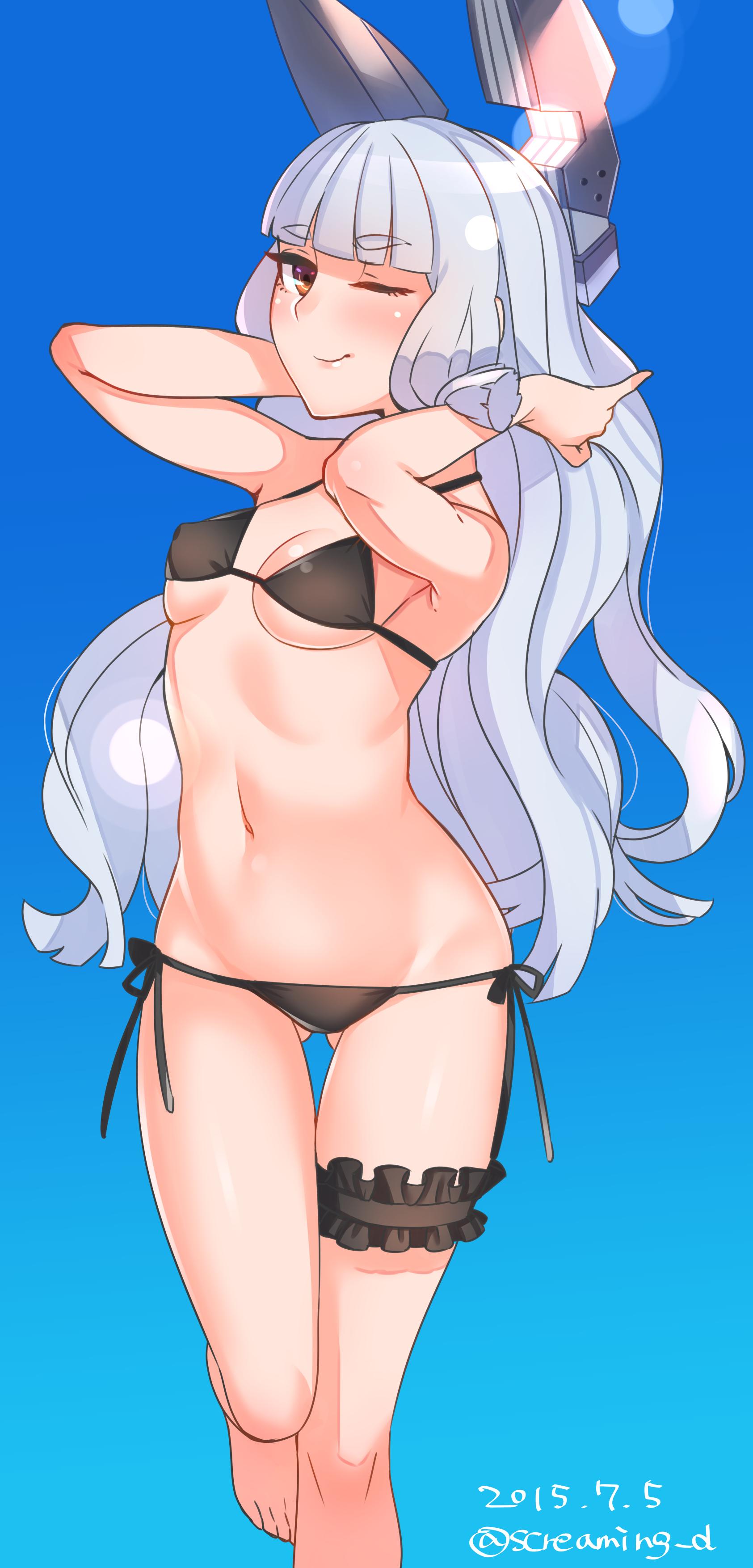 1girl, ;), absurdres, bangs, barefoot, bikini, black_bikini, blue_sky
