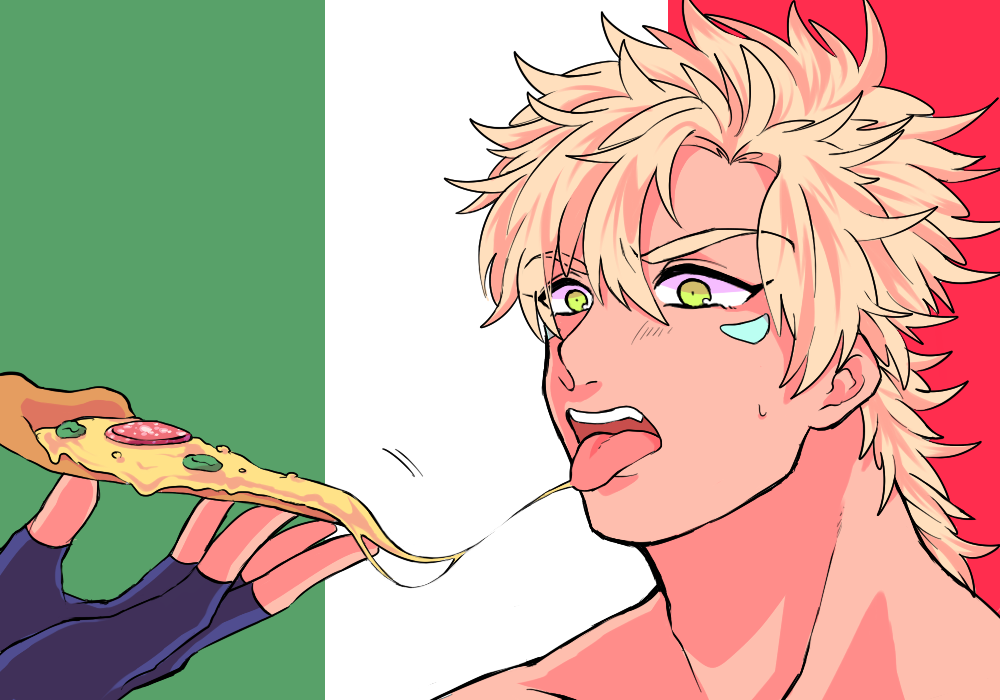 1boy, blonde_hair, caesar_anthonio_zeppeli, eating, facial_mark, fingerless_gloves, food, gloves